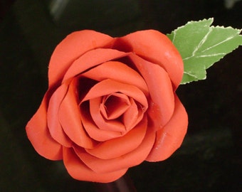 Long stemmed single red paper rose with green leaf  made from cardstock