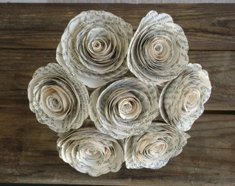 2 inch sized spiral book page rolled roses 7 flower bouquet toss rehearsal recycled books