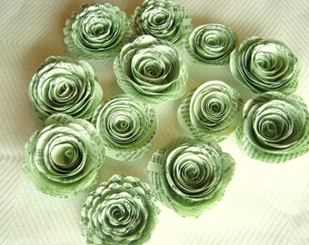 1 1/4" spiral paper flowers made from light mint green vintage atlas index book pages or mint parchment paper wedding decorations