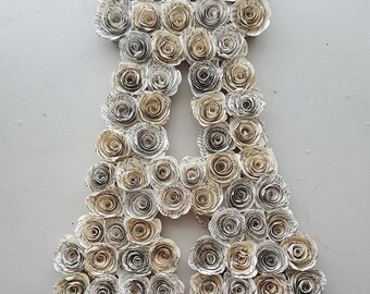 One only! Half price! Alphabet letter A monogram initial wreath with book page roses  bride groom childs room farmhouse decor