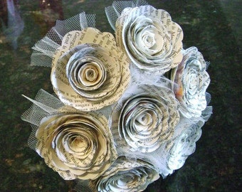 7 spiral 2 inch rolled book page roses alternative wedding bouquet with tulling added recycled library centerpiece flower girl