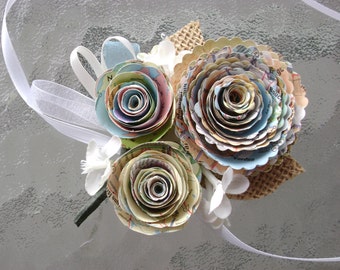 Atlas spiral vintage map rose boutonniere buttonhole or corsage for wedding made with recycled maps