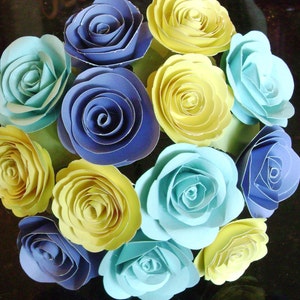 The Veronique bouquet  2&quot; spiral paper roses yellow aqua  periwinkle blue alternative bridal bouquet wedding toss rehearsal decorations
