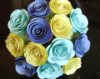 The Veronique bouquet  2" spiral paper roses yellow aqua  periwinkle blue alternative bridal bouquet wedding toss rehearsal decorations