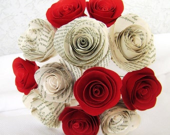 2" spiral book page roses plus spiral red roses rts dozen paper flowers bouquet wedding toss rehearsal alternative centerpiece Valentines