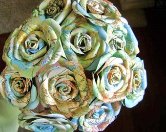 vintage atlas map paper rose 12 flower bouquet for weddings or toss bouquet