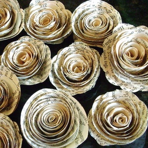 One dozen 2"-2.25" vintage book page, sheet  music, maps recycled paper flowers spiral roses no stems for scrapbooks, cards,decorations