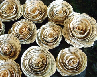 One dozen 2"-2.25" vintage book page, sheet  music, maps recycled paper flowers spiral roses no stems for scrapbooks, cards,decorations