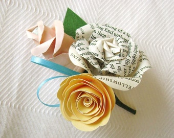 book page and colored roses boutonniere buttonhole for weddings, proms, formals and even as wrist corsage