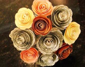 fall autumn spiral paper rose bouquet recycled book page toss centerpiece bridal bridesmaid alternative