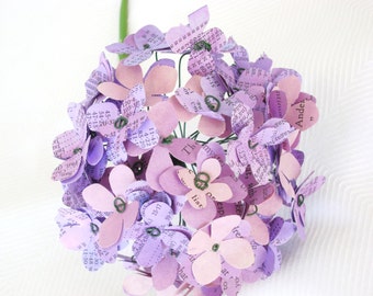 paper hydrangea in purple shades recycled book pages and cardstock for alternative bridal bouquets bridesmaid Mothers day centerpieces
