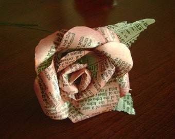 Vintage Bible or book page red tint recycled long stemmed paper rose with leaves for weddings and valentines bouquets