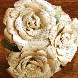 vintage 3 book page paper roses and pearls bridesmaid bouquet with burlap leaves recycled alternative flower girl toss