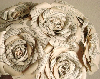 vintage book paper roses long stemmed bouquet  for weddings, mothers day graduation, get well