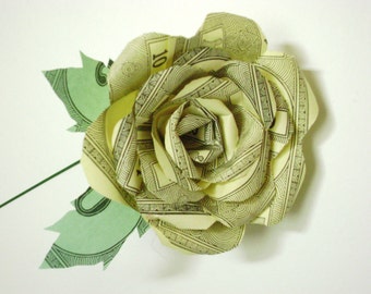 vintage yellow monopoly money paper rose on stem with 2 leaves upcycled