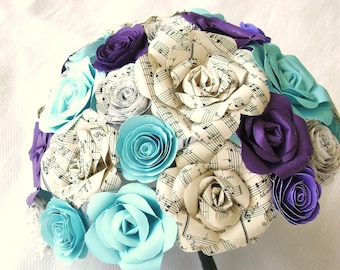 purple and turquoise hymnal sheet music bouquet for weddings, quinceaneras, toss, bridesmaids alternative