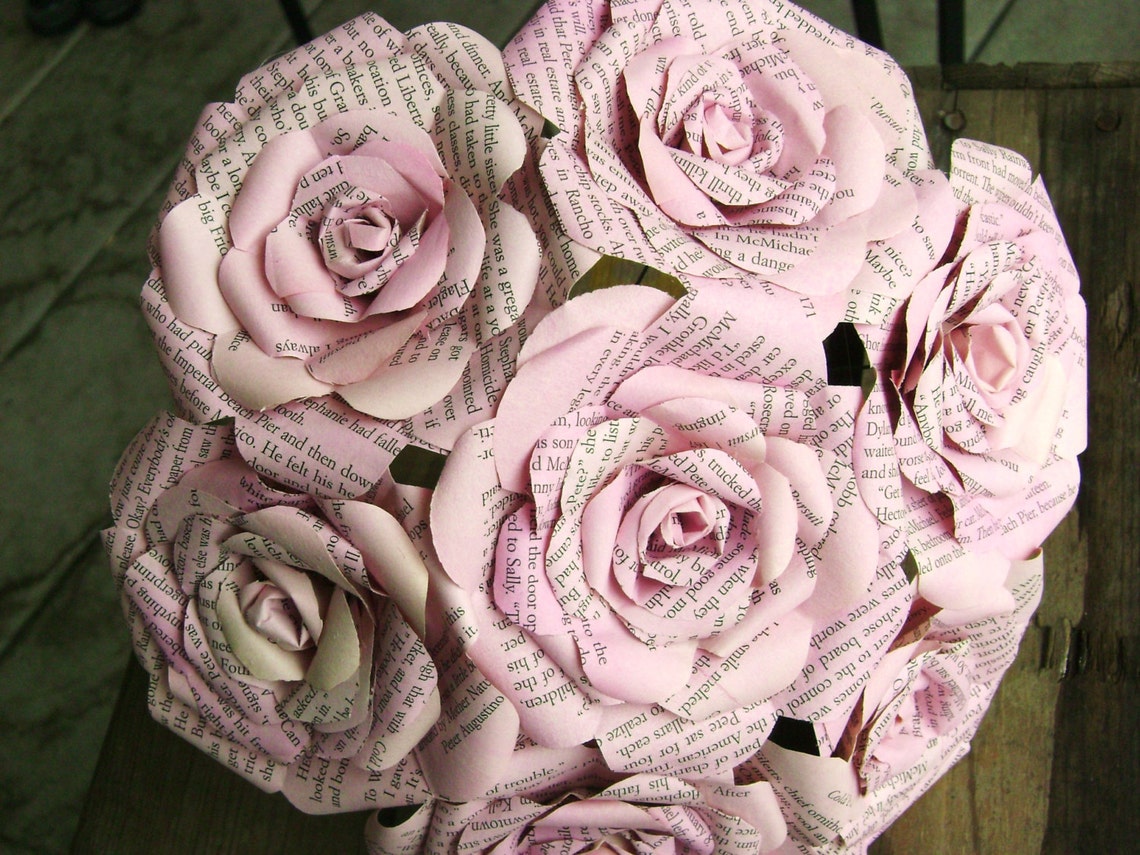 Vintage Book Page Paper Rose Bouquet Pastel Pink Wedding Etsy