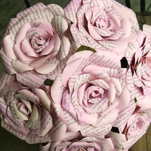 vintage book page paper rose bouquet pastel pink wedding bridesmaid bouquet