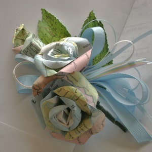 vintage map atlas alternative corsage boutonniere wedding paper roses wrist groom