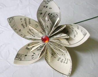 origami paper folded kusudama recycled sheet music hymnal book page paper flower lily alternative