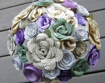 vintage book page teal and purple bridal bouquet alternative centerpiece recycled spring