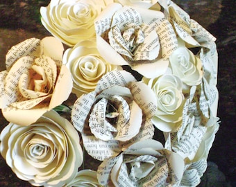 white on white book page paper roses bouquet for weddings, rehearsals, toss, everlasting