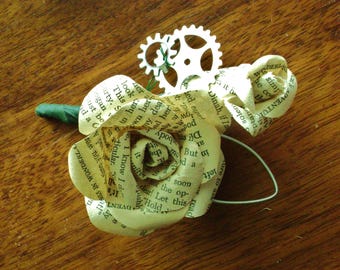 vintage book page or hymnal sheet music paper flower boutonniere with guitar string and gears steampunk musician buttonhole