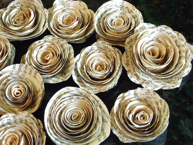 1 tiny spiral paper flower roses flat back no stems made from vintage book pages image 4