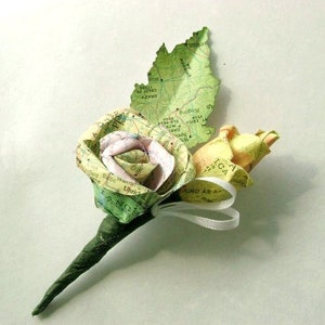 Vintage map atlas paper rose and bud boutonniere buttonhole corsage for weddings and proms