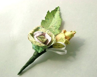 Vintage map atlas paper rose and bud boutonniere buttonhole corsage for weddings and proms