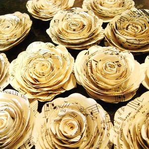 Set of 12  2 inch vintage sheet music hymnal pages spiral rolled paper roses stemless flowers for wedding bouquets and decorations