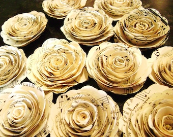 Set of 12  2 inch vintage sheet music hymnal pages spiral rolled paper roses stemless flowers for wedding bouquets and decorations