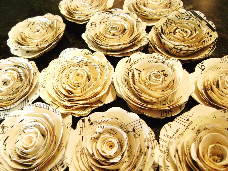 Set of 12 2 inch vintage sheet music hymnal pages spiral rolled paper roses stemless flowers for wedding bouquets and decorations image 1