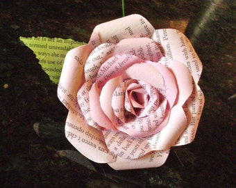 vintage book page paper rose pastel pink long stemmed recycled