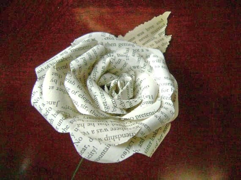 Jane Austen Pride and Prejudice vintage book paper flower rose with leaf on stem or any other of Jane Austen's books image 2