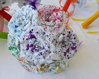 rainbow paint splattered sheet music hymnal bridal bouquet paper roses alternative bridesmaid toss