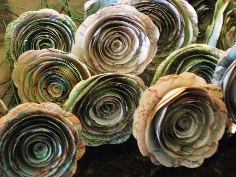 bulk map 50 spiral rolled roses from vintage atlas pages maps 1-1.5 inch or 2 2 1/4 no stems image 4