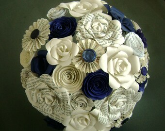 The Cara bouquet in Navy dark blue and white bridal paper roses music book page centerpiece bridesmaid alternative everlasting sustainable