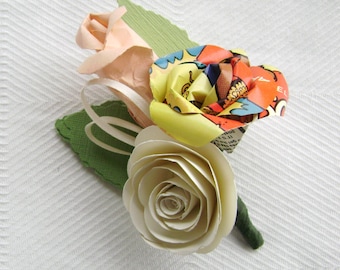comic book paper rose boutonniere buttonhole lapel pin brooch corsage alternative recycled