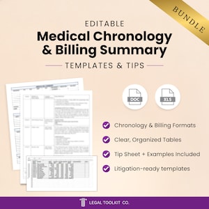 Könnte beinhalten: Ein digitales Bundle mit Vorlagen für medizinische Chronologie und Abrechnungsübersichten. Das Bild zeigt den Text "Medical Chronology & Billing Summary" und "Templates & Tips". Enthält DOC- und XLS-Formate, übersichtliche Tabellen, Tipps und rechtsgültige Vorlagen.