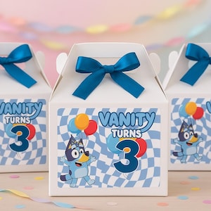 Blue Dog Birthday Treat Box Label or Assembled Box - Personalized Party Favor