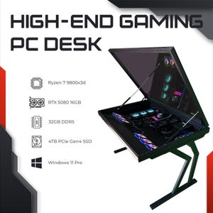 May include: A black high-end gaming PC desk with a hinged, tinted glass top. The desk features internal components, including a Ryzen 7 9800x3d processor, RTX 5080 16GB graphics card, 32GB DDR5 RAM, and a 4TB PCIe Gen4 SSD. The desk runs Windows 11 Pro.