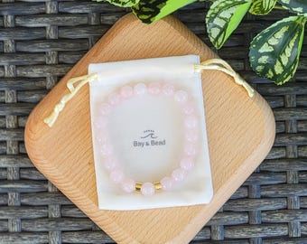 Rose Quartz snd Gold Accent 8mm Stretch Bracelet, Pink Gemstone Beaded Bracelet