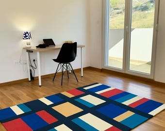 Mondrian Style Area Rug: Modern Color Block Geometric Carpet