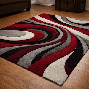 Modern Red Abstract Swirl Area Rug, 3D Wave Geometric Living Room Carpet