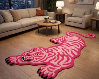Pink Tiger Area Rug, Hand-Tufted Animal Print Carpet, Trendy Maximalist Home Decor