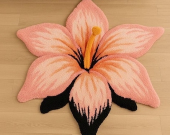 Flower Shaped Rug, Pink Floral Area Carpet, Handmade Tufted Botanical Floor Mat, Aesthetic Nursery Decor, Unique Soft Bedroom Rug 8x10