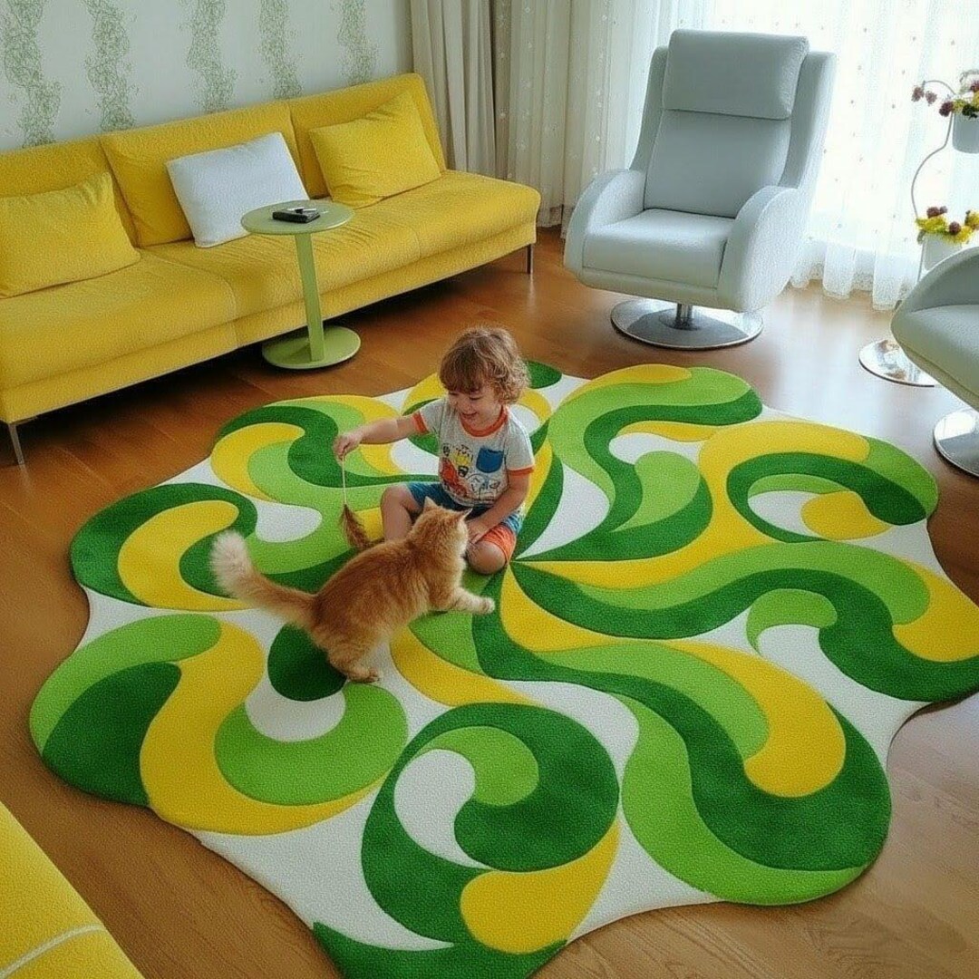 Psychedelic Swirl Area Rug: Retro Green Yellow Abstract Carpet - Etsy