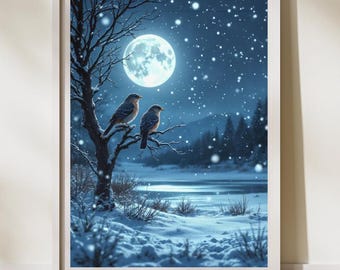 Snowy Bird Wall Art: Chickadee Winter Art Print, Winter Birds Canvas Art