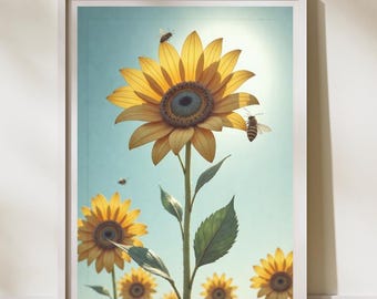 Sunflower Bee Canvas Wall Art: Sunflower Field Floral Decor